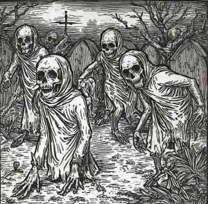 Woodcut of zombies emerging in a Nantes graveyard, tentatively dated to the early 17th century